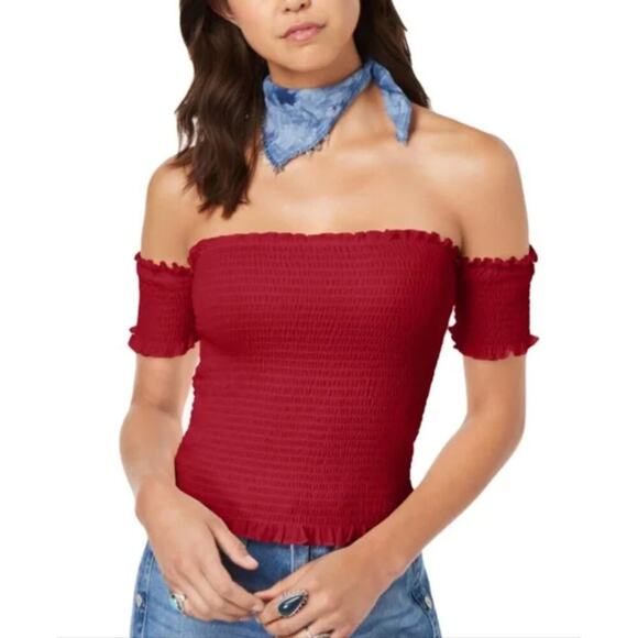 Almost Famous Blue Smocked Off Shoulder Crop Top Size L Boho 90's Y2K - Picture 5 of 5